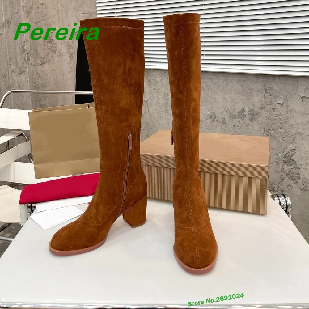 

Suede Thigh Boots Stretched Velours Black Square Heel Over The Knee Round Toe Side Zipper Solid Elegant Casual Shoes for Female