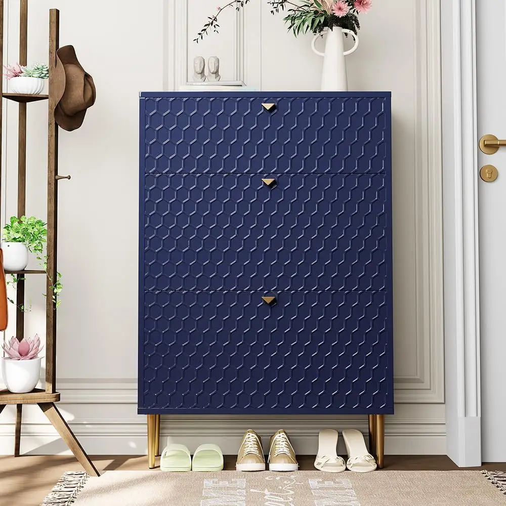 

Modern 3-Tier Standing Shoe Cabinet with Brass Knobs and Legs, Holds 24 Pairs, Ideal for Entryway in Blue