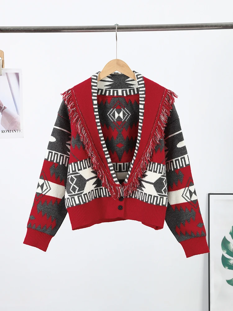 Tassel Patchwork Printed Cardigan Women Turn-down Collar Long Sleeve Knitted Fashion Lady Sweater Vintage 2025 Autumn Cardigans