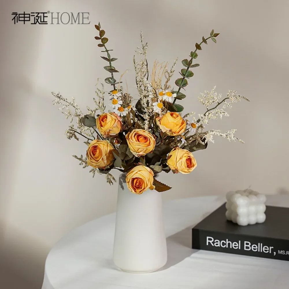 Rose daisies are like real flowers, fake flowers, dried and dried flowers, high-end flower table flower ornaments in the living