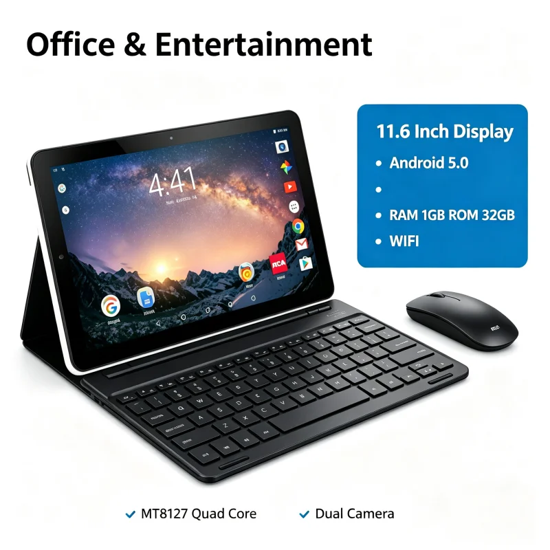 11.6인치 태블릿, 2GB RAM, 32GB ROM, 안드로이드 7.0, MT8127 쿼드 코어 프로세서, RCT9513, Mali 400MP GPU, Wi-Fi, 듀얼 카메라.