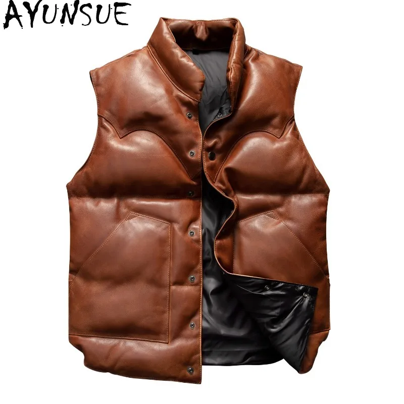 

AYUNSUE Genuine Sheepskin Leather Vest Man Handmade Vintage 240g Down Coat Warm Sleeveless Waistcoat Winter Orange Jacket 2026