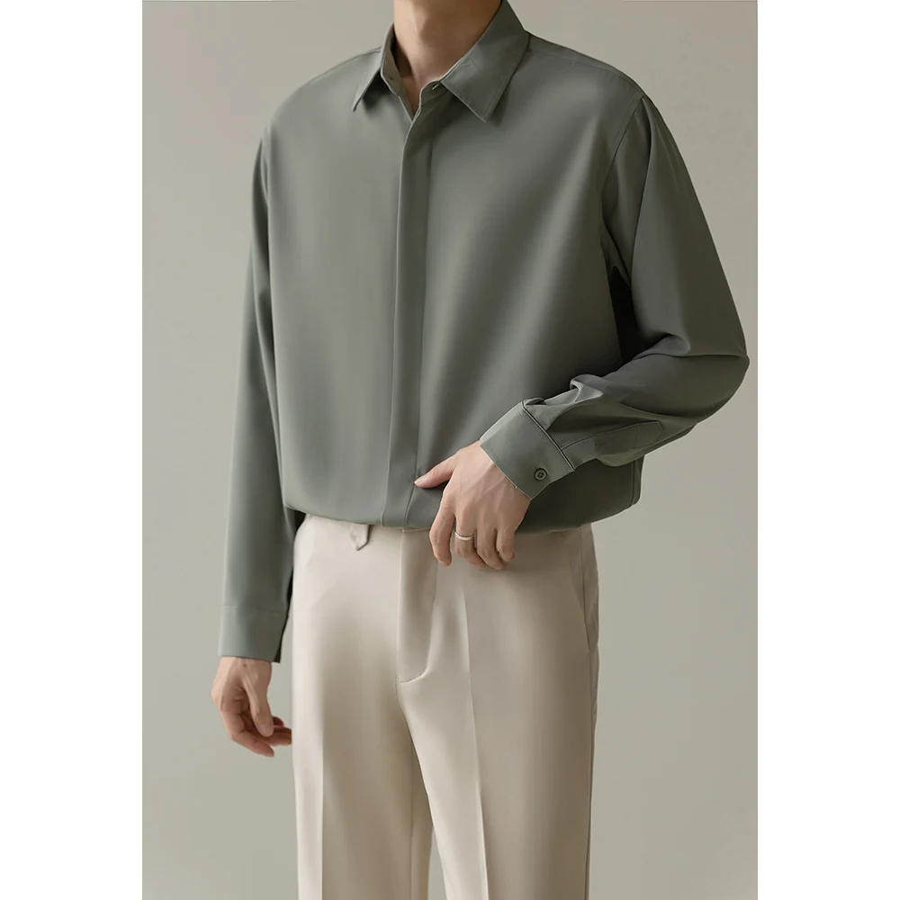 Loose Fit Long Sleeve Ice Silk Shirt Men's Casual Style Drapey Comfortable Spring Autumn Fashionable Youthful Polyester Blend