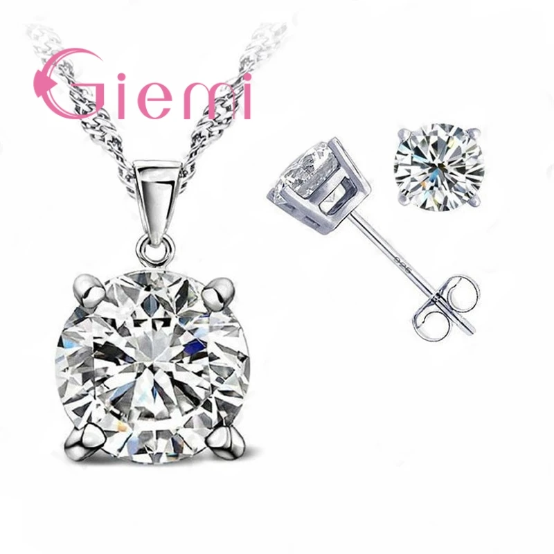 Big Promotion 925 Sterling Silver  Female Necklace Pendant+Stud Earrings Brand Jewelry Sets for Women Engagement Bijoux