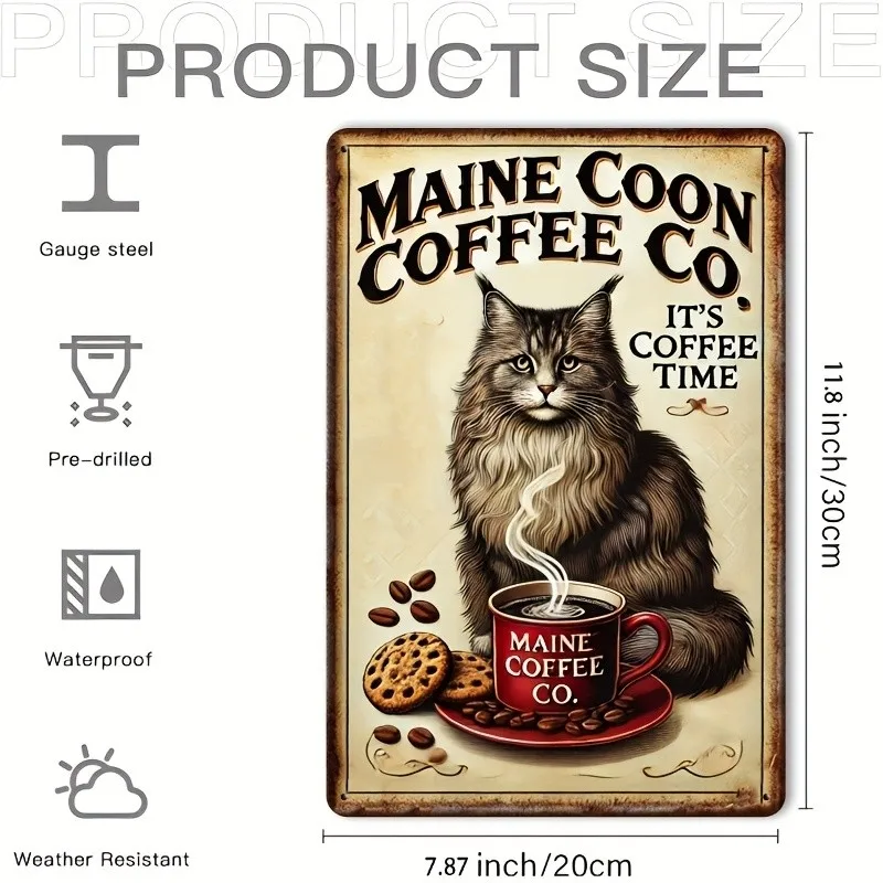 Room Decor Tin Metal Signs 8x12 - Vintage Maine Coon Cat Coffee Company - 2D, Vi