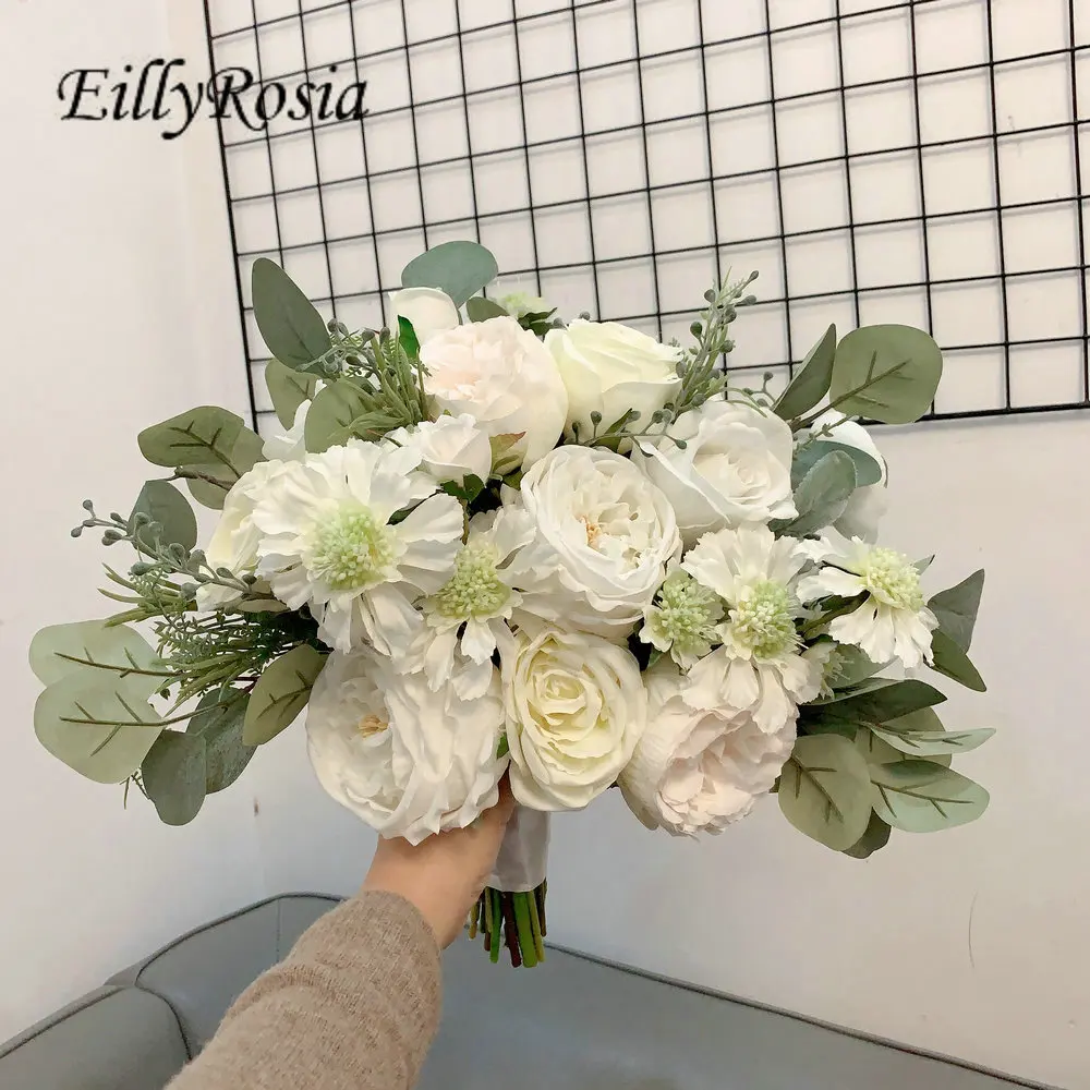 

EillyRosia Rustic Bride Bouquet for Wedding White Roses Peony Cornflower Artificial Country Wedding Bouquet de mariage mariée