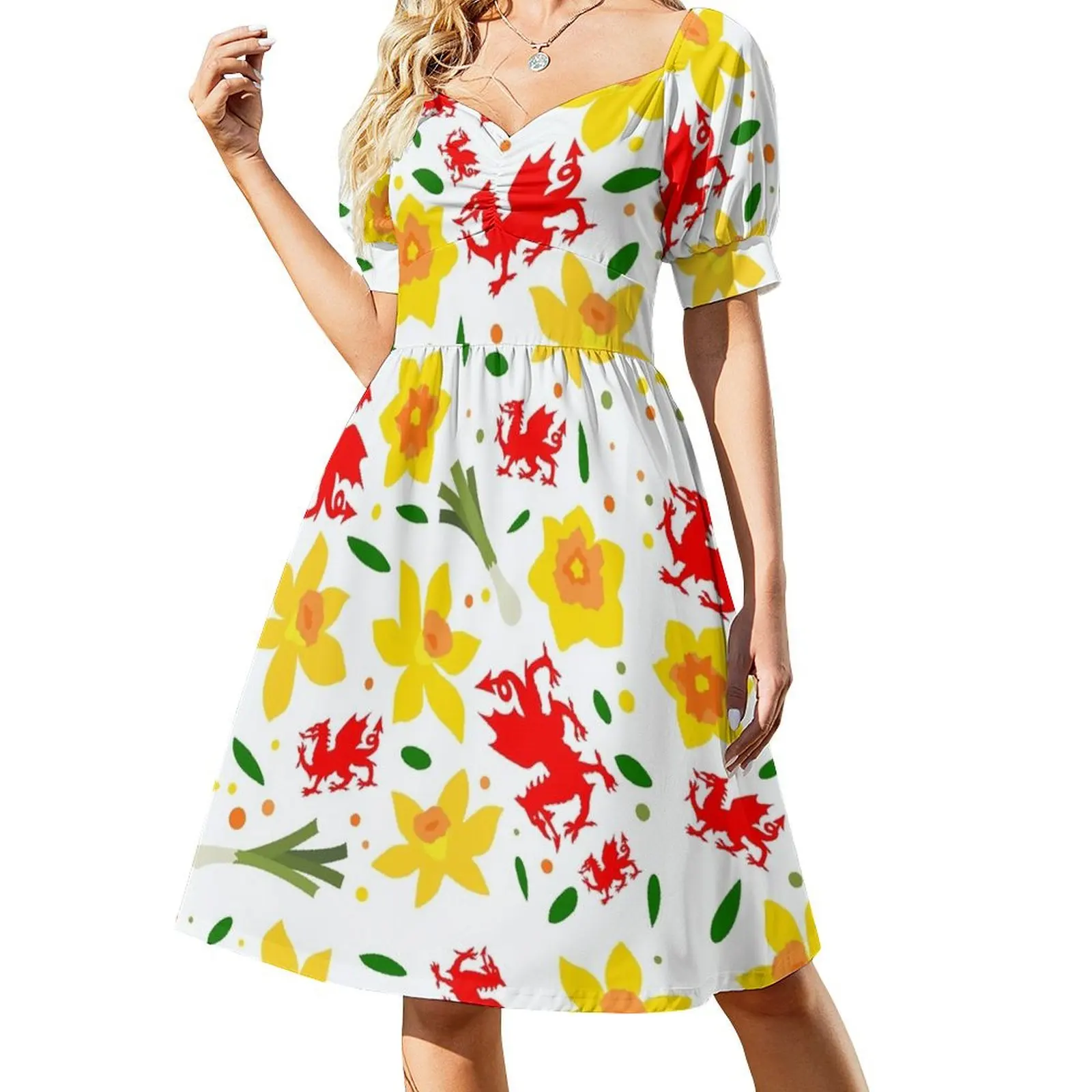 Wales Floral Pattern - Welsh Dragon, Daffodils and Leek Short Sleeved Dress women's summer jumpsuit long sleeve dresses Dress