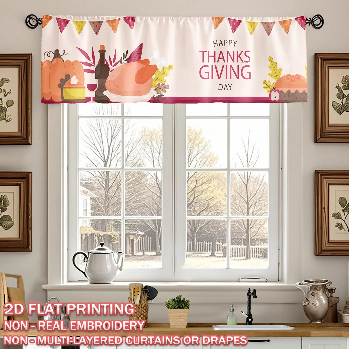 

Thanksgiving Flat Printing Kitchen Window Valance With Pumpkin Pie Turkey Thanksgiving Feast For Home Party Door Window Decor