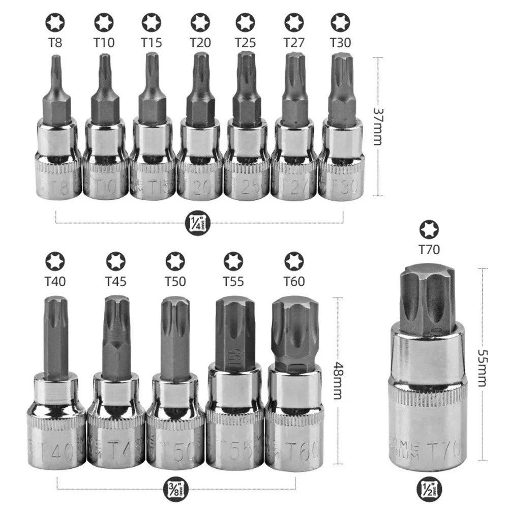 13PCS Star Torx Socket Bit Set T8-T70 1/4 3/8 1/2inch Screwdriver Drive Repair Tool Male E-Security Bits Drive