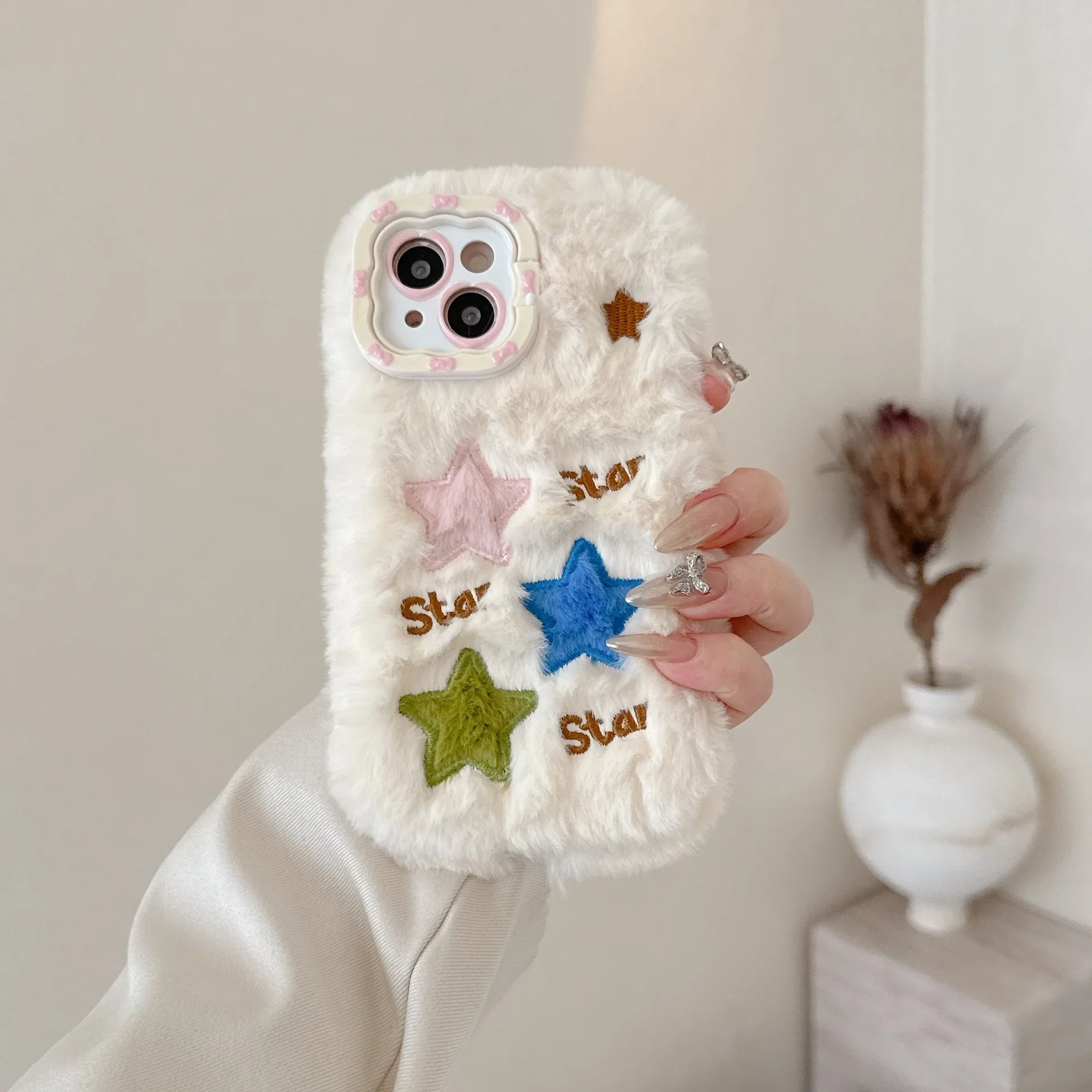 Para iphone16promax funda con orificio para esperma funda de felpa de tres estrellas funda para iPhone15plus 13/14/12 antidesgaste anticaída antihuellas