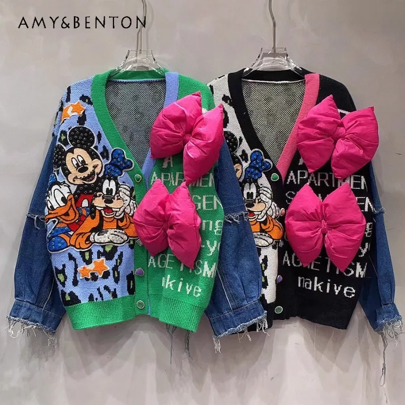 

2026 Spring Denim Patchwork Knit Cardigan Jacket Autumn Winter New Loose Stylish Color-Block Leopard Print V-Neck Sweater Coat