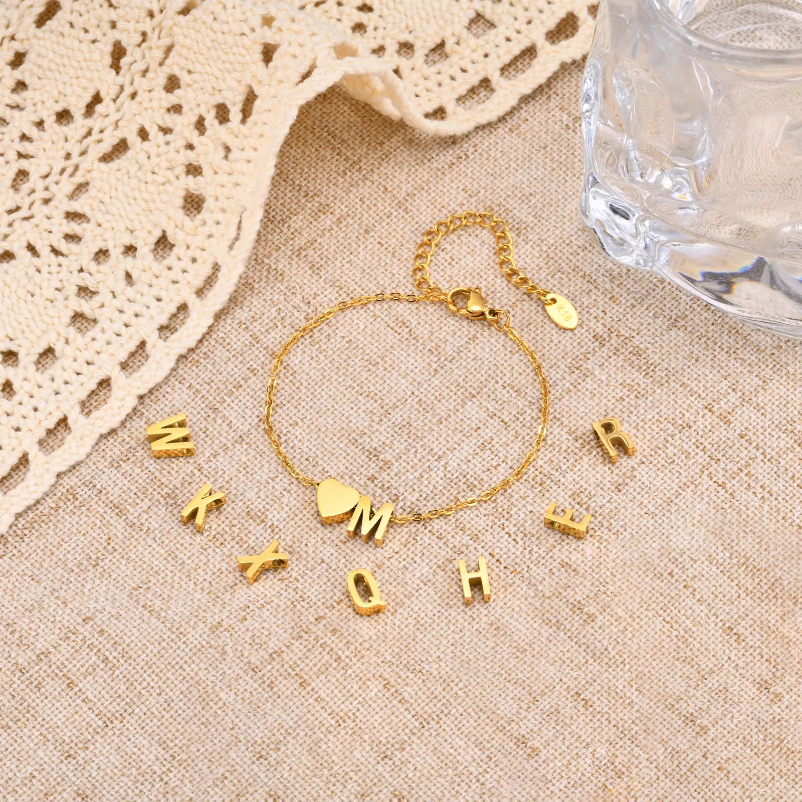 Dainty 26 Letters Initial A-Z Heart Chain Bracelets for Women Lady, Gold Color Plating Stainless Steel Cable Charm Wristband