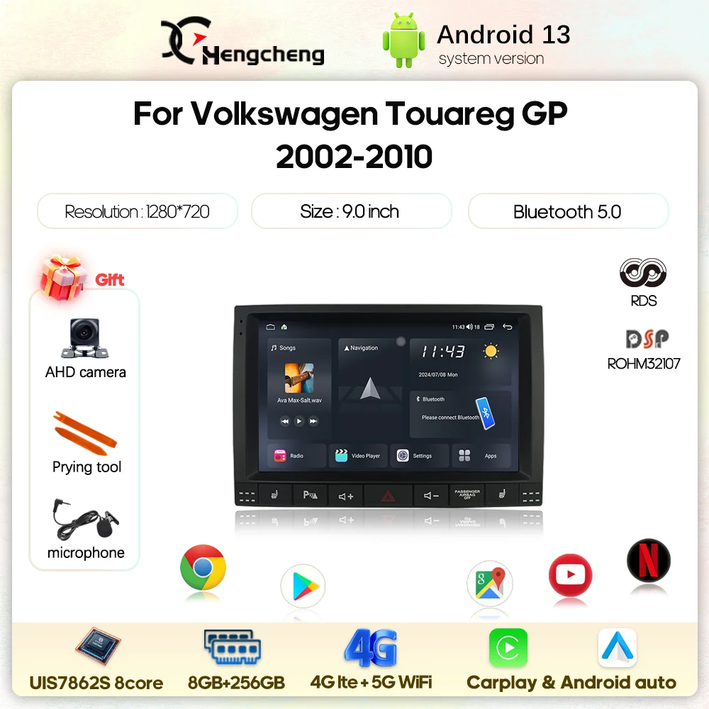 9.0inch For Volkswagen Touareg GP 2002-2010 Car Multimedia Video Player GPS Navigation Radio Android13 Carplay Auto 4G 360Camera