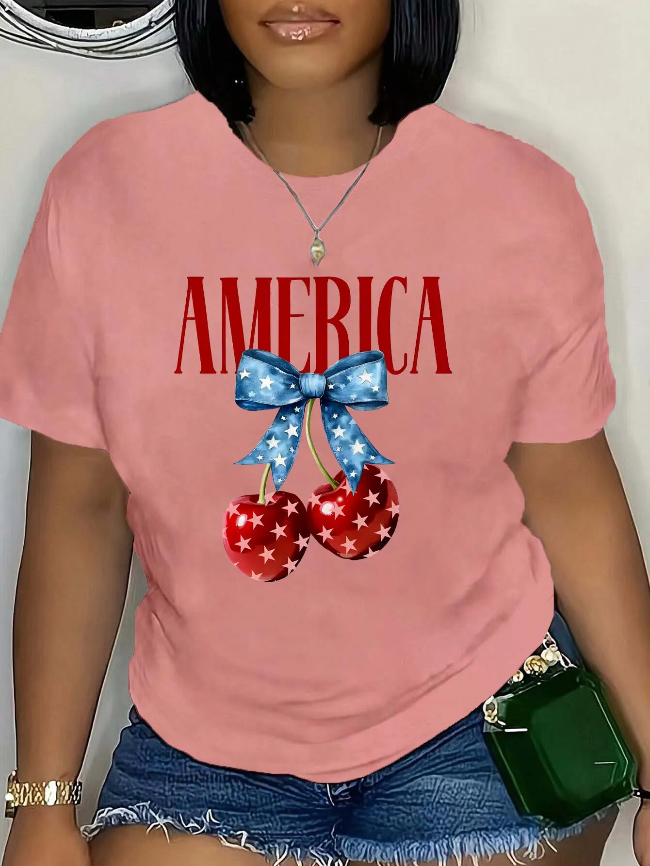 

Футболка больших размеров с изображением американского вишневого банта, патриотический топ больших размеров с звездной вишней и бантом для модных национальных вибраций