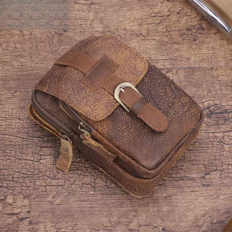 กระเป๋าคาดเอวหนังวัวแท้สไตล์วินเทจสำหรับผู้ชาย กระเป๋าคาดเอวสำหรับเล่นกีฬากลางแจ้ง ทนทานต่อการใช้งาน ใส่โทรศัพท์มือถือได้