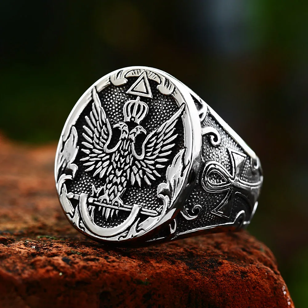 New Design Vintage Double Eagle Emblem Ring For Men Stainless Steel Punk Biker Cross Rings Cool Fashion Jewelry Gifts Wholesale