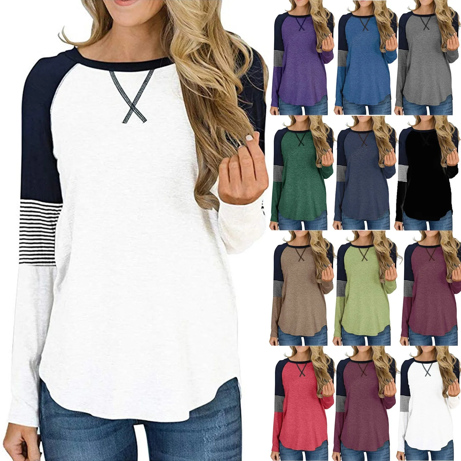 Women's Tops Casual Long Sleeve Tunic Tops Round Neck Splicing Stripes Color Blouses Leisure Sweatshirts