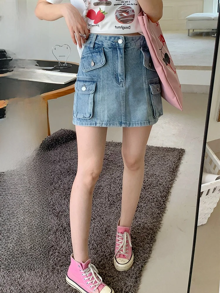 

Синяя джинсовая короткая юбка женская повседневная А-силуэта с карманами, высокой талией, утягивающая, в корейском стиле, для работы и отдыха, летняя мода