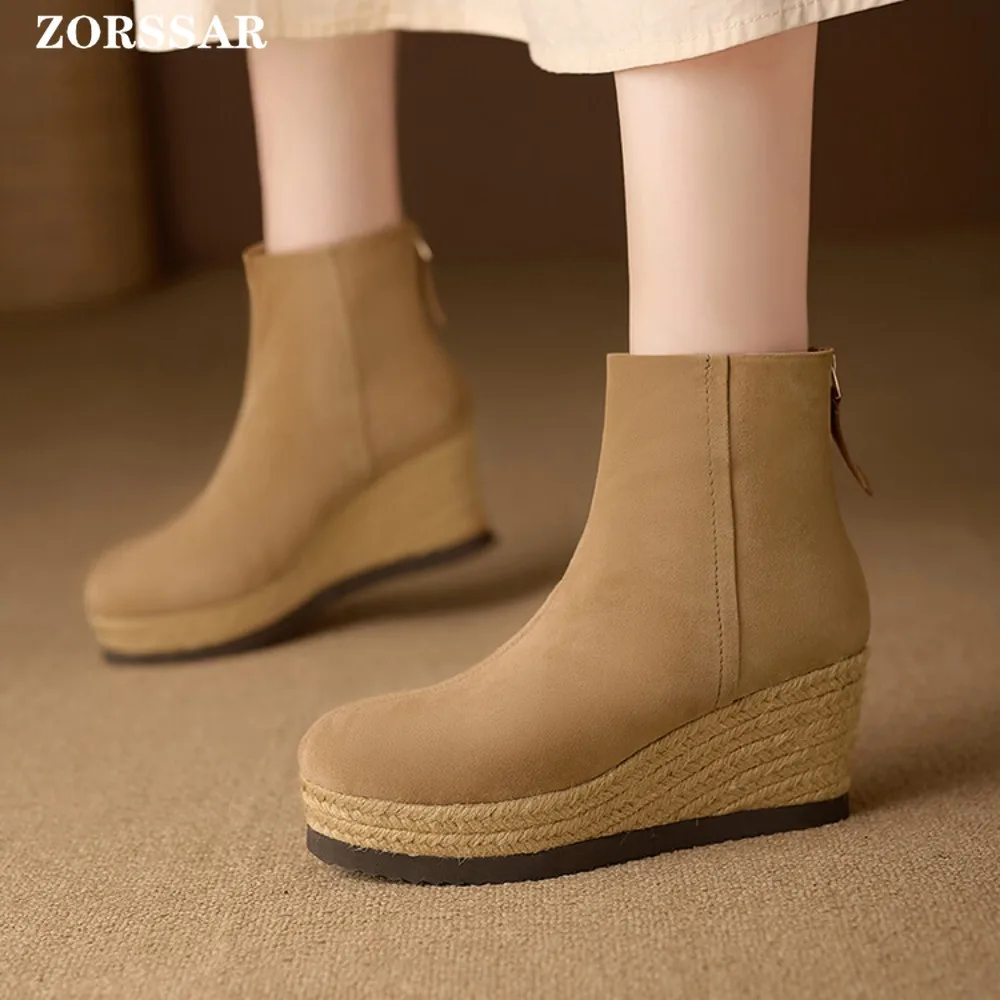 العلامة التجارية تصميم حذاء نسائي بكعب عالٍ Bootie طفل الجلد المدبوغ الإناث الأحذية الحديثة منصة النساء الأحذية موضة أسافين حذاء من الجلد المشمش الأسود #3