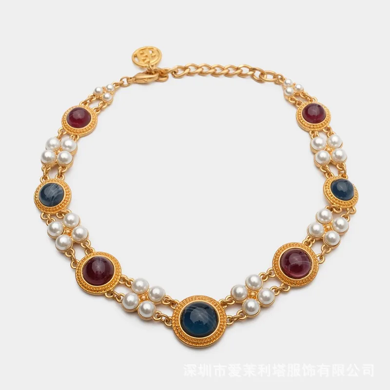 

Винтажный роскошный цветной драгоценный камень, дворец, драгоценный камень, позолоченное ожерелье, серьги, дизайнерский роскошный драгоценный камень, жемчуг, женский комплект ювелирных изделий