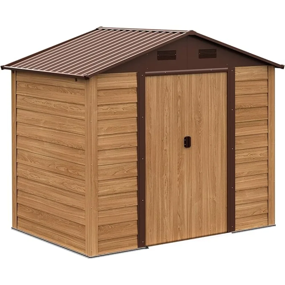 8x6' Outdoor Storage Shed, Wood Grain Galvanized Metal Shed with Double Sliding Doors, Foundation, Tool Storage Sheds for Garden