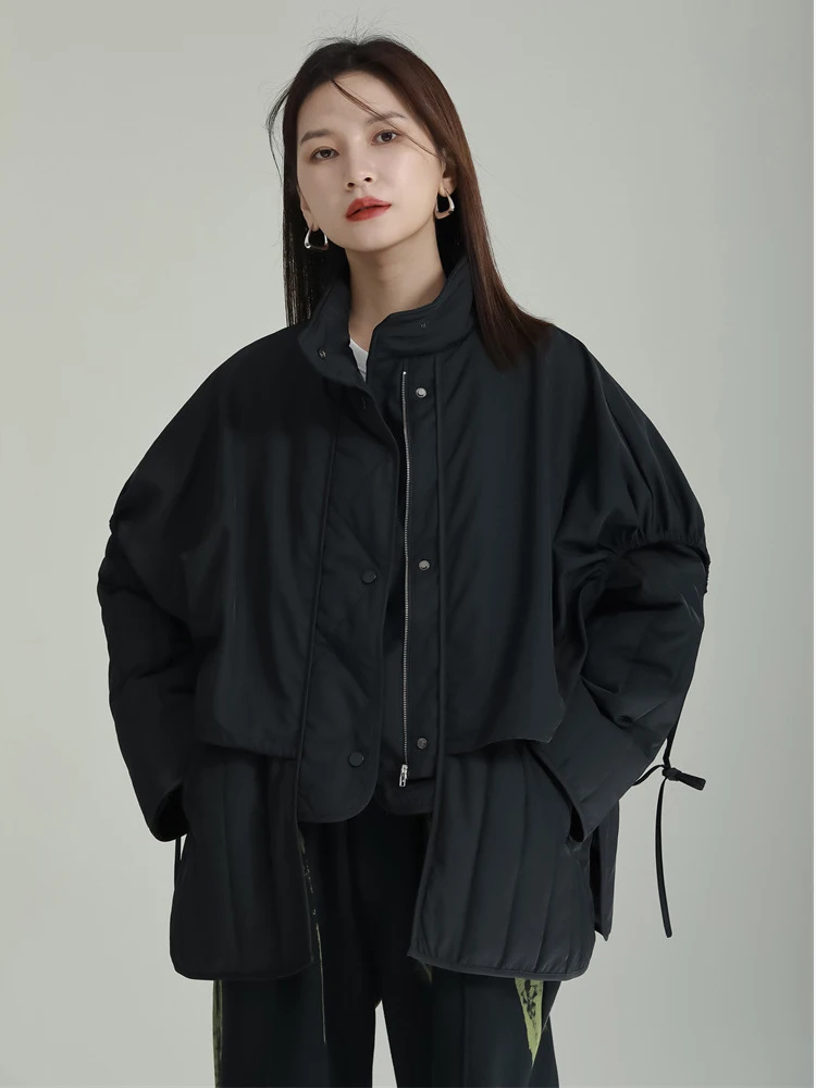 [EAM]  Black Casual Drawstring Big Size Cotton-padded Coat Long Sleeve Loose Fit Women Parkas Fashion New Winter 2024 1DF3872