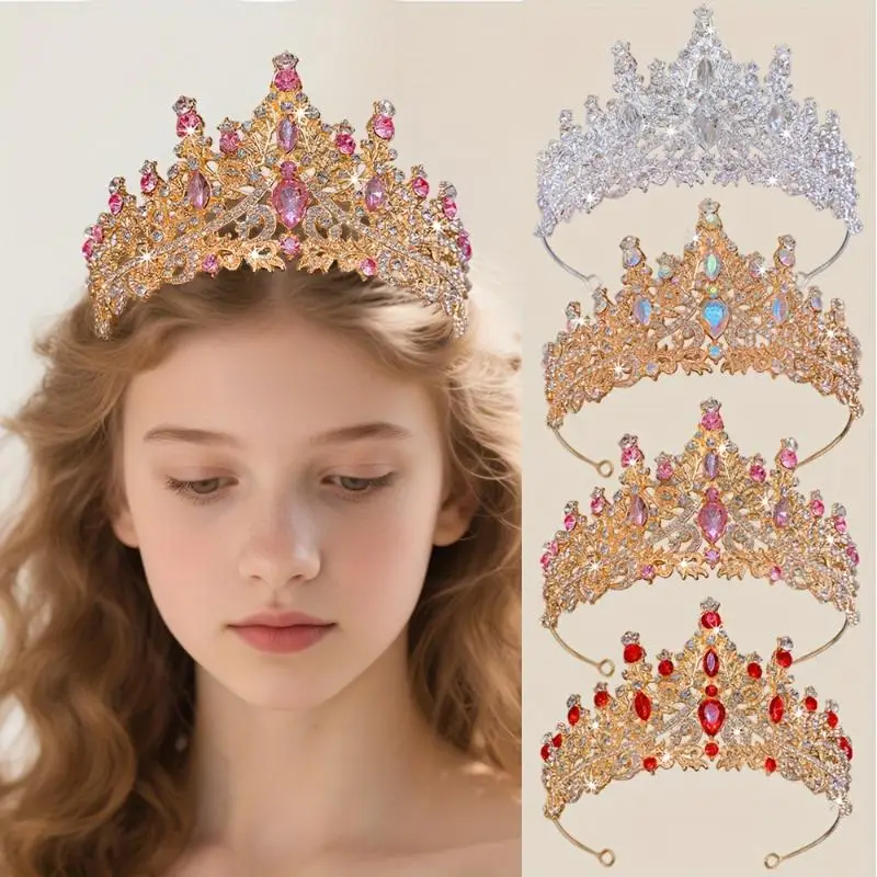 1 Stück Goldene Damen-Mode-Hochzeitskrone, Braut-Kopfschmuck, Strass, klassische Prinzessinnen-Tiara, DIY-Accessoires – Detail 2