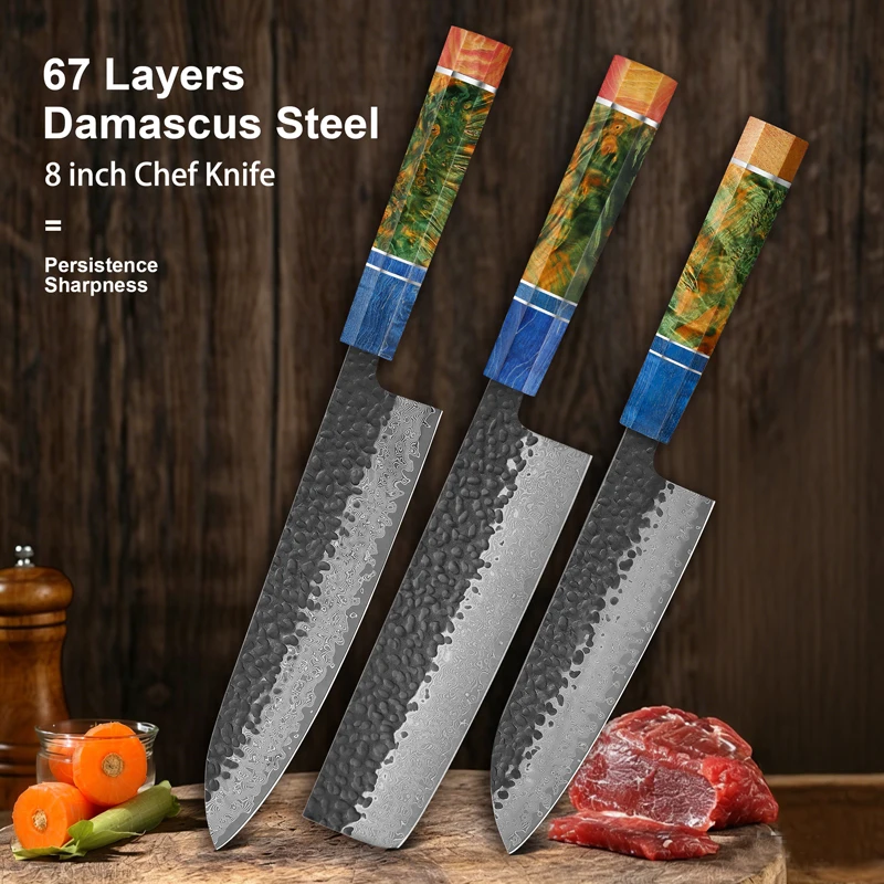 1-3 PCS Kitchen Knives Hand Forged 67 Layers Damascus Steel Sharp Chef Knife Santoku Nakiri Knife Cooking Colored Wood Handle