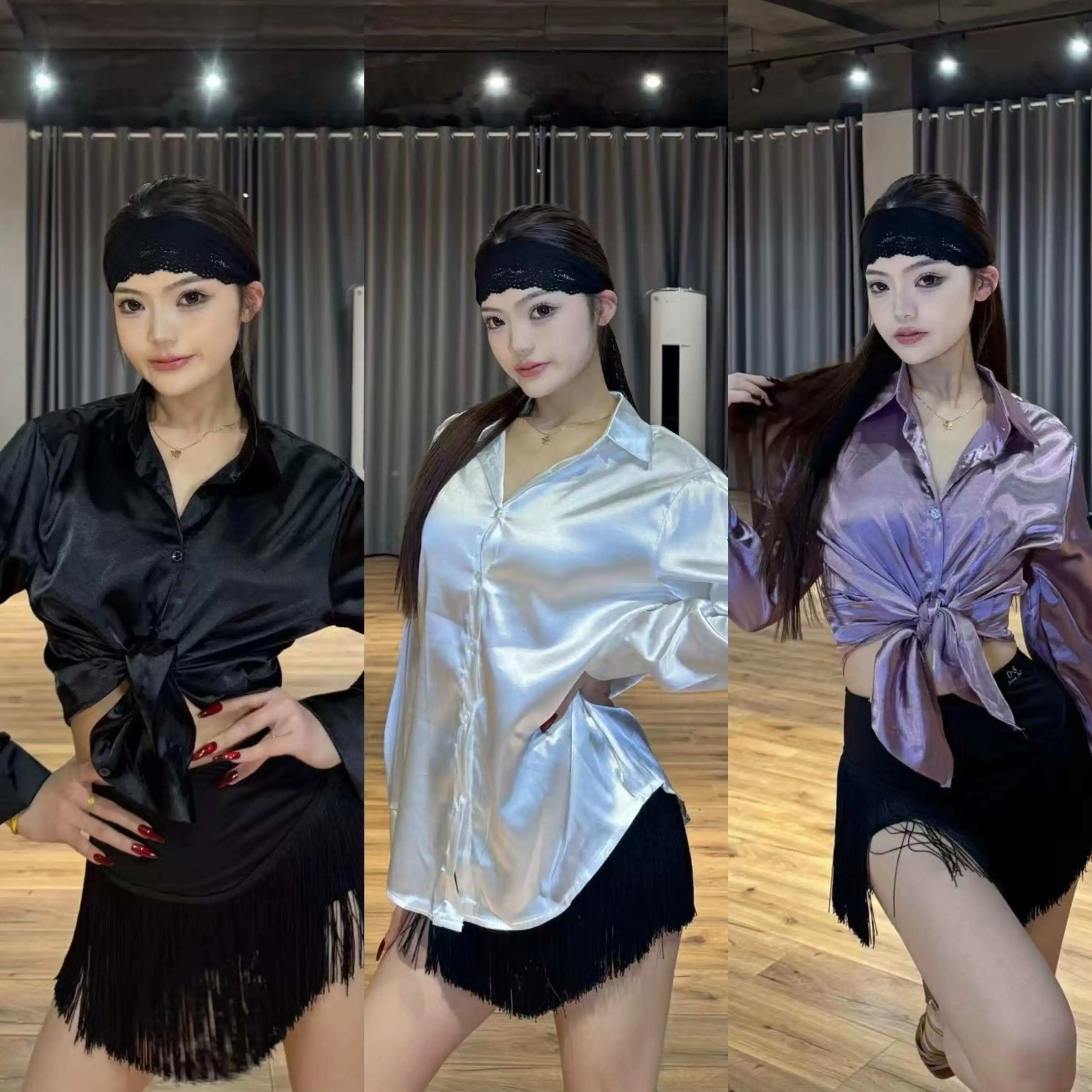 

Latin Dance Clothes Women Satin Shirt Long Sleeves Tops Practice Clothing Cha Cha Rumba Samba Dance Wear Black Cardigan DNV22504