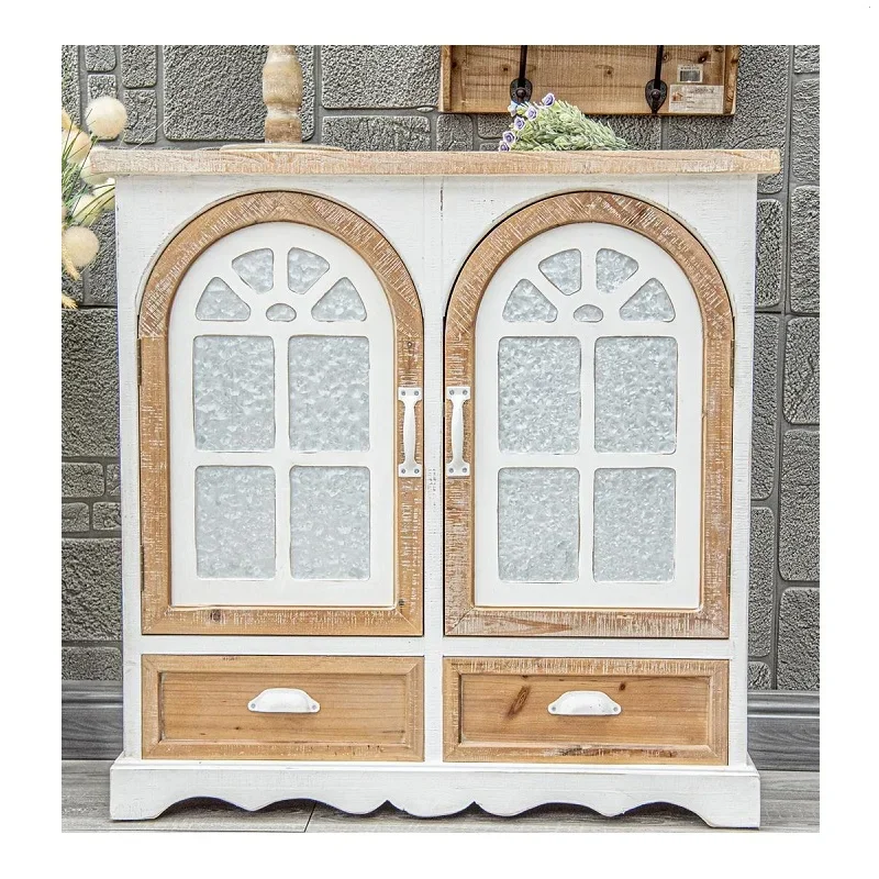 Rustic White Washed Wooden  Storage Furniture Cabinet with Arch Door