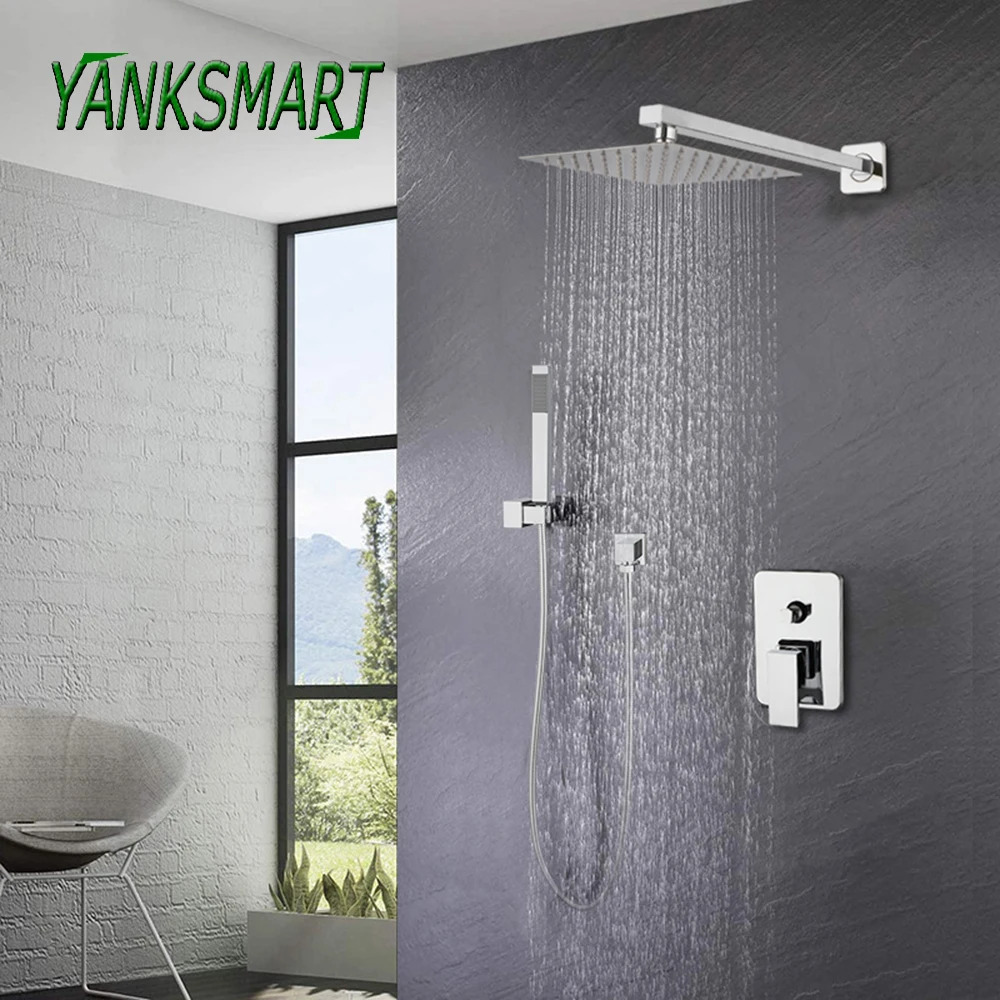 

YANKSMART Wall Mount Rainfall Shower Faucet Set Chrome Concealed Bathroom Faucets System 8 Inch Head With Shower Spray Mixer Tap