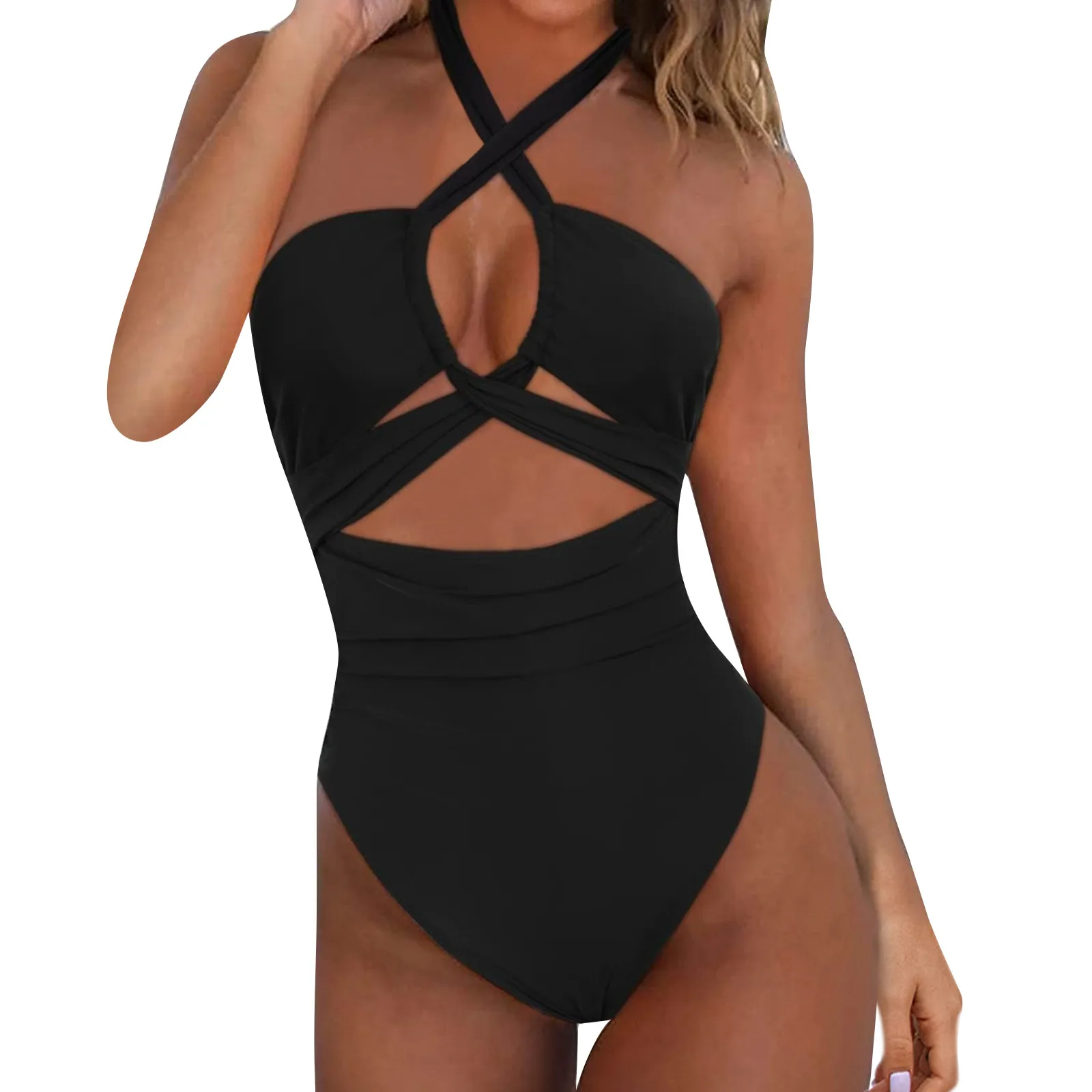 Maillot de bain une pièce avec soutien-gorge rembourré pour femmes, monokini uni, décolleté plongeant en v, imprimé, pour la plage, nouvelle collection été 2024