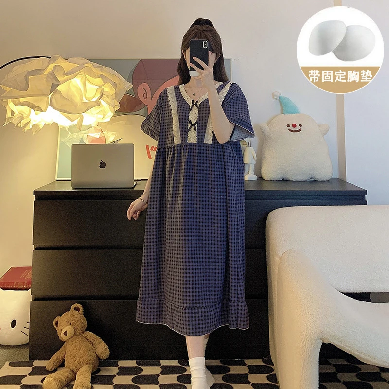 Women'S Summer Nightgown, Cloud Cotton Short-Sleeve Plaid Long With Chest Pads, Casual And Loose-Fitting Ins Home Dress view 4