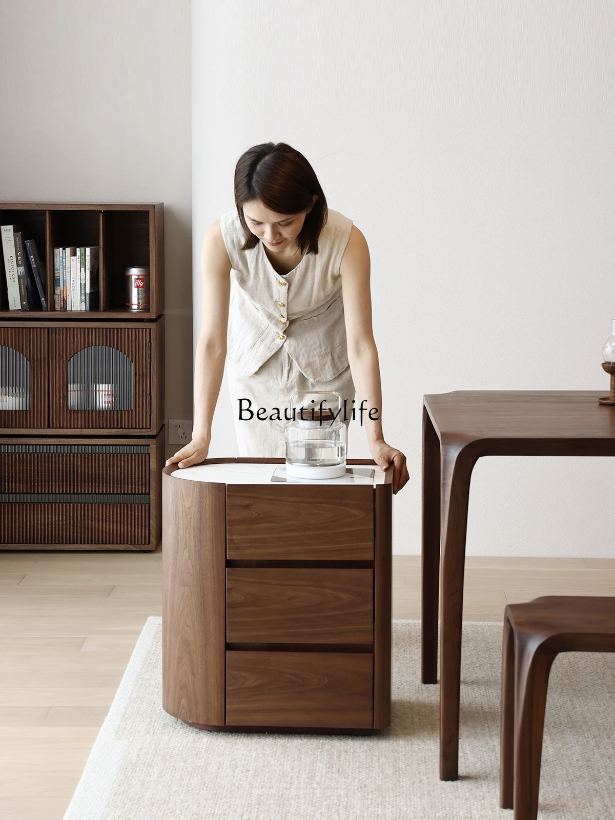 

*North American black walnut slate new Chinese solid wood boiling table mobile tea table