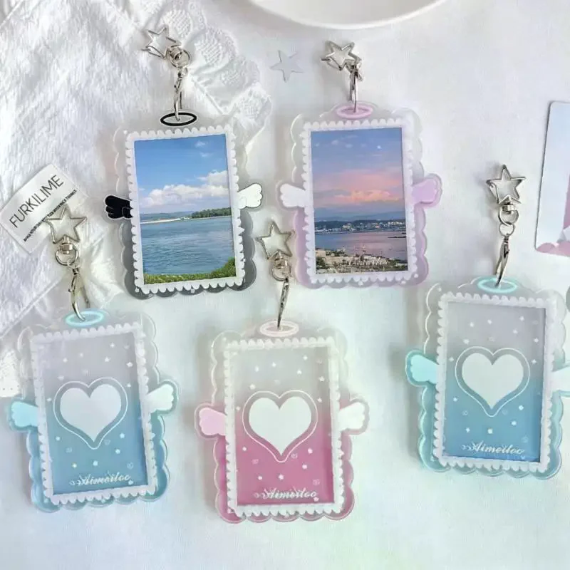 1Pcs Cute Acrylic Kpop Photocard Holder Angel Wing Design Star Keychain For Fans Photo Collection ID Card Display Bag Pendant