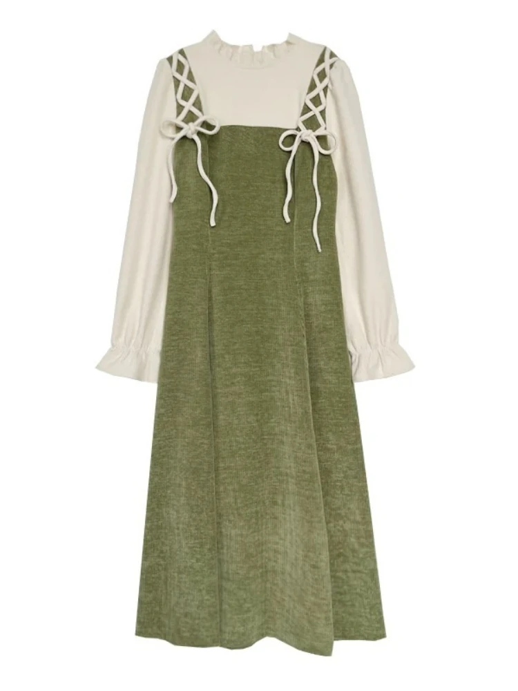 French Sweet Spliced Fake Two Piece Dress Women Elegant Flower Strap Dress Autumn Winter Vintage Fashion Long Sleeve Midi Dress
