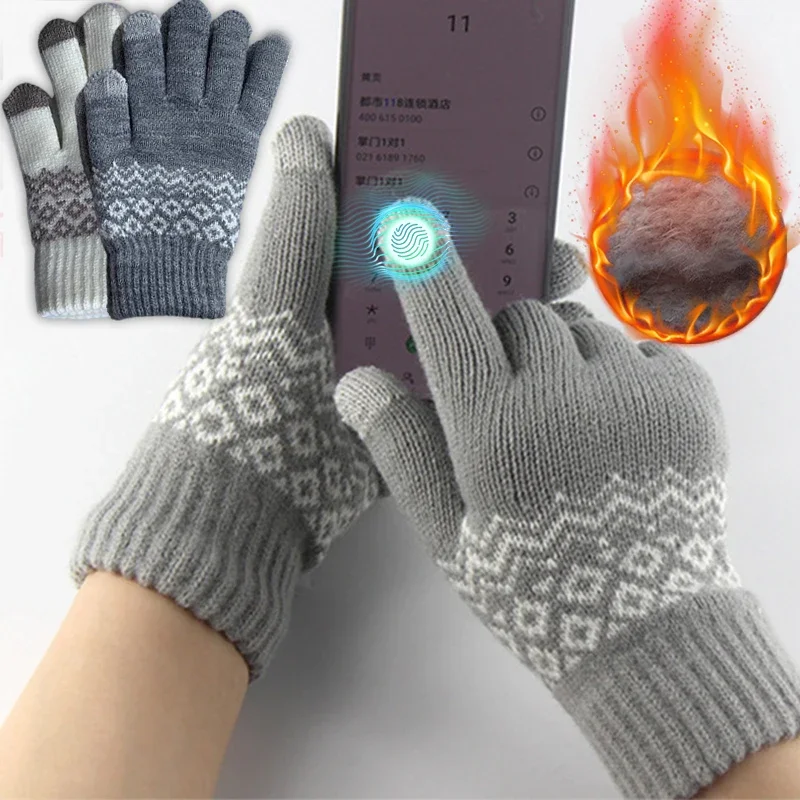 

Winter Thick Cashmere Gloves Women Knitted Warm Full Finger Skiing Gloves Touchscreen Mittens Fashion Snowflake Pattern Mittens