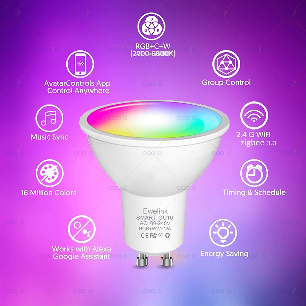 GU10 WiFi ZigBee Smart LED Spotlight Bulb Dimmable RGB W+C 5W Lamps EWelink APP Control Light Bulb Works With Alexa Google Alice