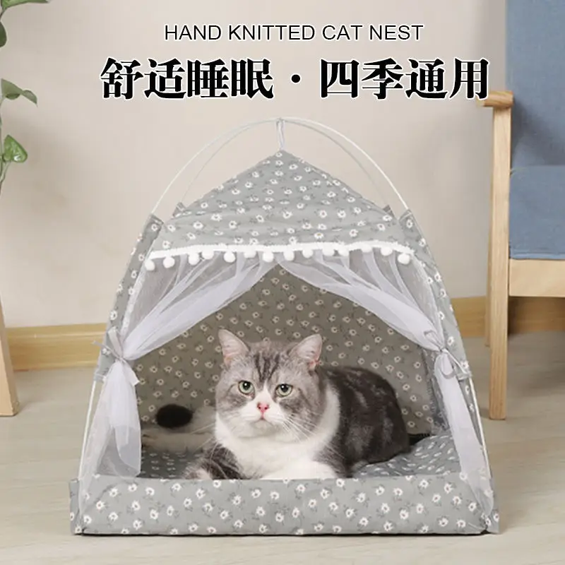 

Summer Foldable Cat Tent 4 Corner Pet Bed Semi Enclosed Washable Dog House for Cats and Small Dogs