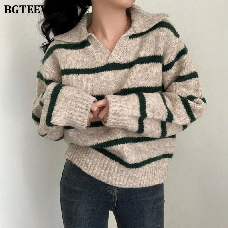 BGTEEVER Casual Warm Loose Turn-down Collar Female Striped Knitted Pullovers Autumn Winter Long Sleeve Women Sweaters Jumpers