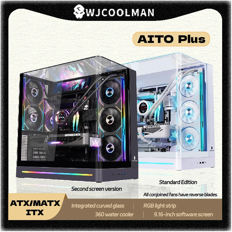 

WJCOOLMAN AITO Plus ATX PC case 9.16-inch screen RGB light strip 360 water cooler Integrated curved glass computer case