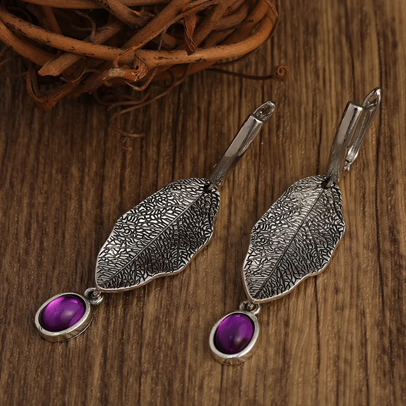 Wholesale Amethyst Drop Earrings for Women Vintage Ethnic Style Ear Jewelry 925 Silver Needle Earrings Gift