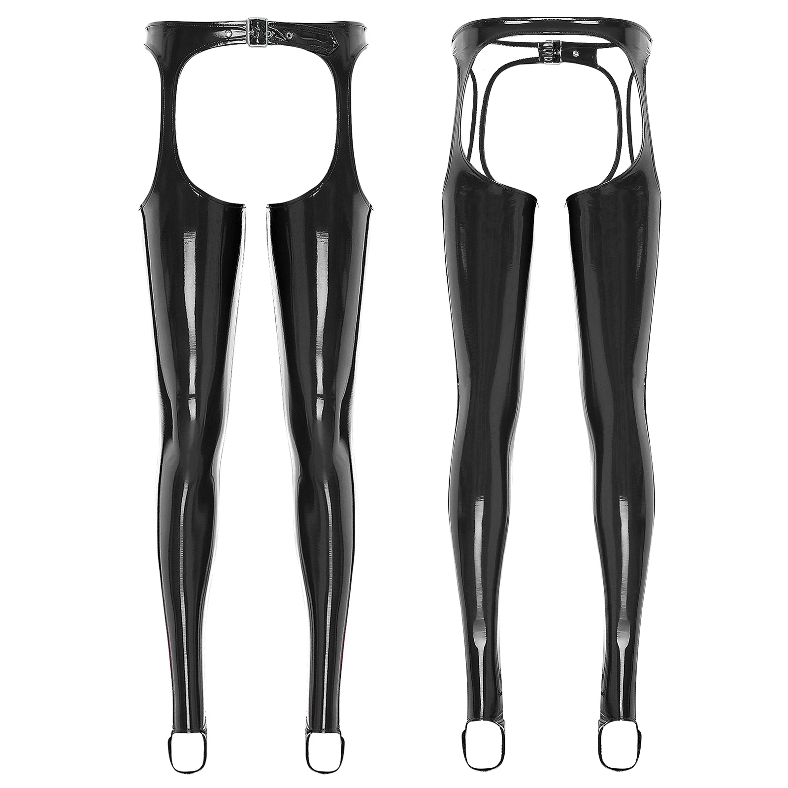 Women PVC Leather Chaps Stirrup Pants Buckle Waist Open Crotch Butt Thigh Cutout Skinny Suspender Leggings Pants Sexy Clubwear