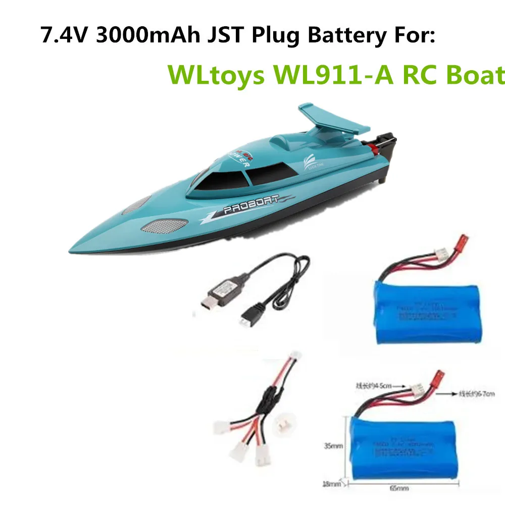 WL911-A RC 보트 부품 배터리 JST 플러그, 업그레이드 7.4V, 3000mAh, 충전 케이블