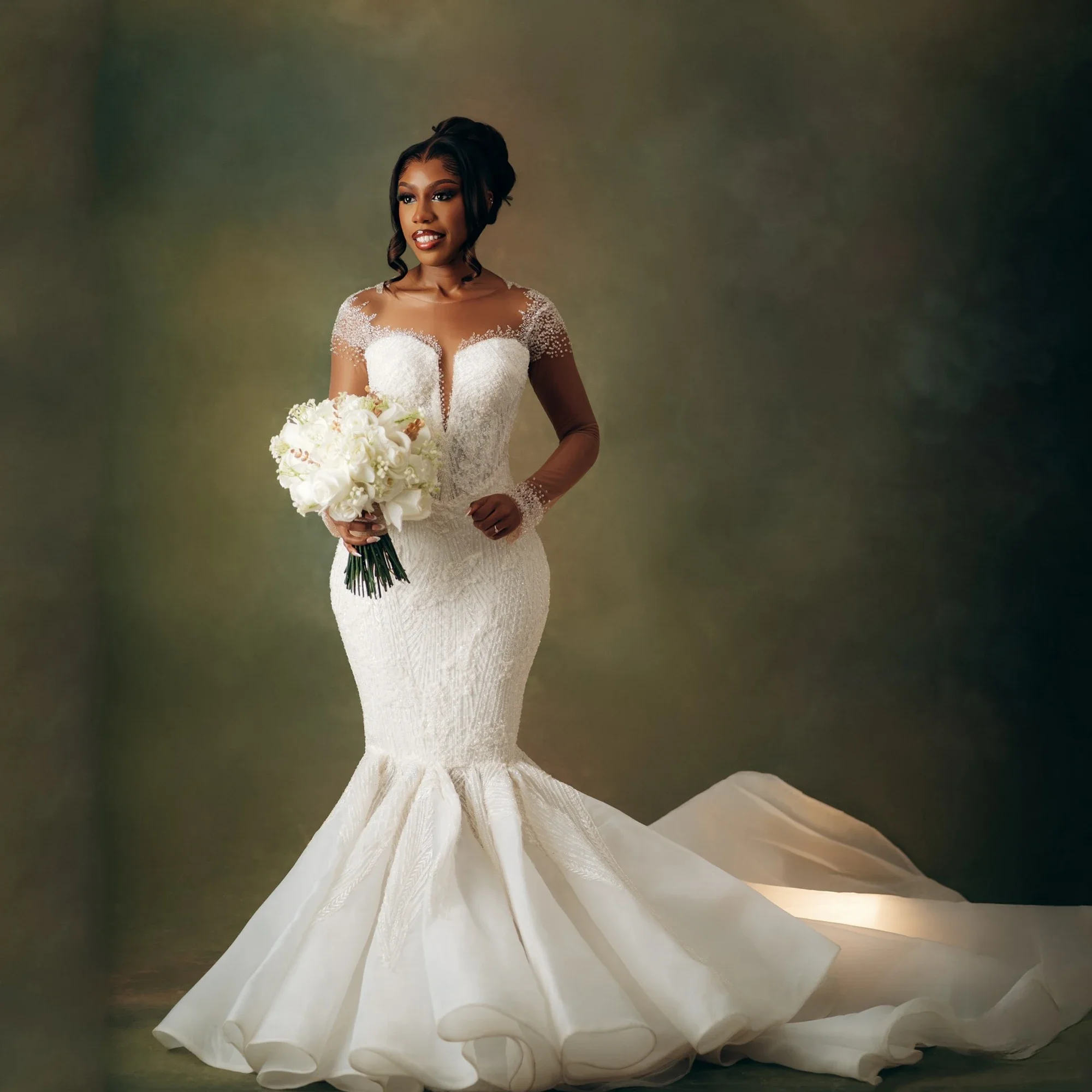 African Wedding Dress 2026 Sheer O-neeck Illusion Long Sleeve Beads Sequins Mermaid Princess Birde Bridal Gowns Vestido De Novia