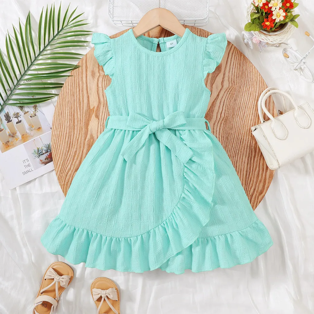 Children Girls Summer Princess Dresses Flutter Sleeve Design  Style Dress with Belt Birthday Party Clothing For Girls 4-7 Years