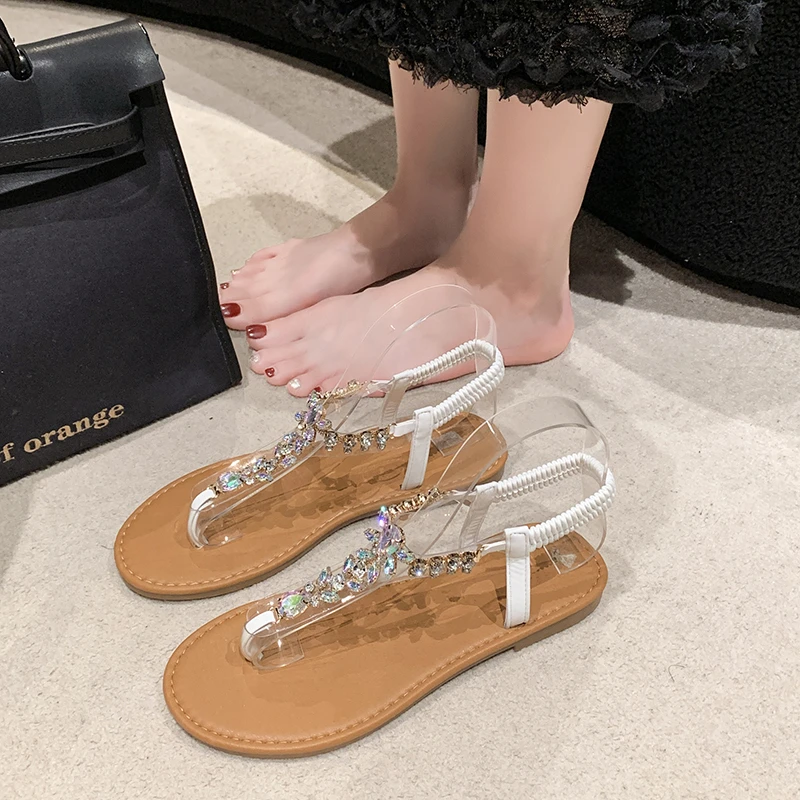 2024 Brand Shoes for Women Thong Women\'s Sandals Summer Daily Sandals Women Crystal Elastic Band Flat with Open Toe Shoes Female