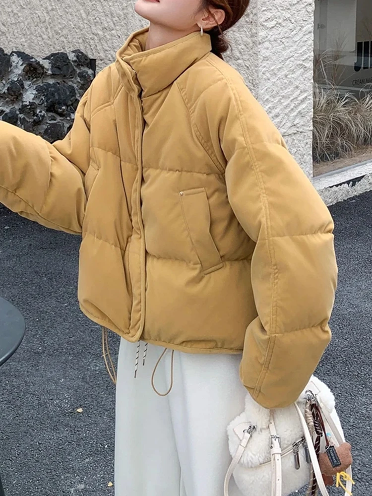 

Желтая женская зимняя куртка с воротником-стойкой, утепленная хлопком, модная, уникальная, красивая, в корейском стиле, свободного кроя, с длинными рукавами