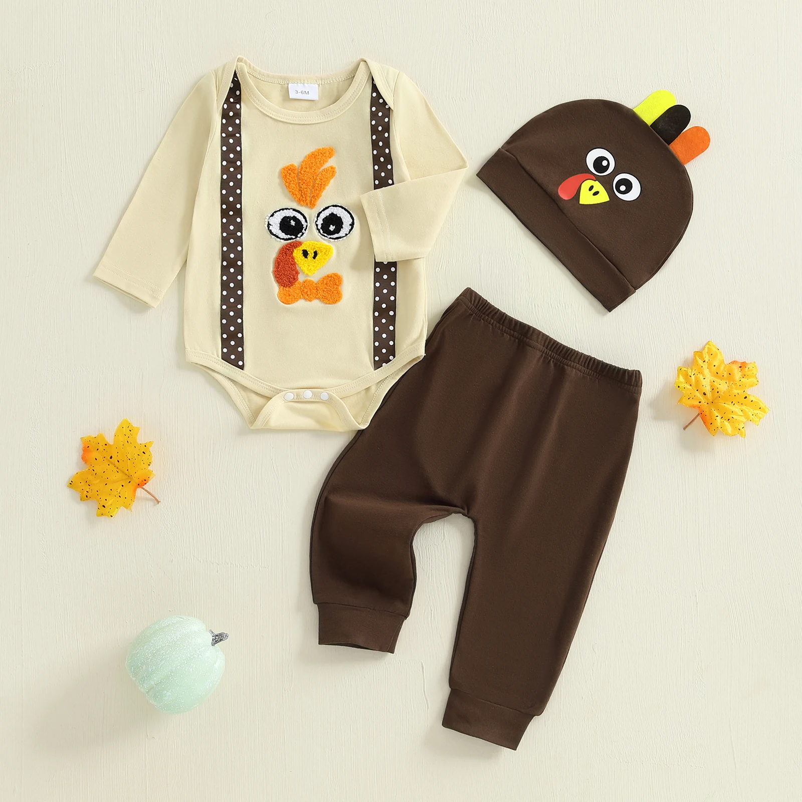 

2025-05-20 Lioraitiin Baby Boys Thanksgiving Outfits Turkey Embroidered Long Sleeve Rompers Long Pants Hat 3Pcs Clothes Set