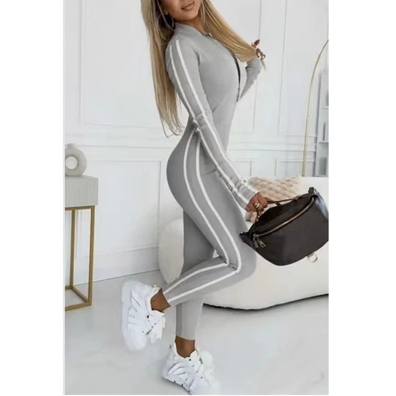 

Autumn Winter Women's Slim Fit Striped Half-Zip Jumpsuit Elastic Mid Waist Fitness Workouts Sexy Full Bodysuit